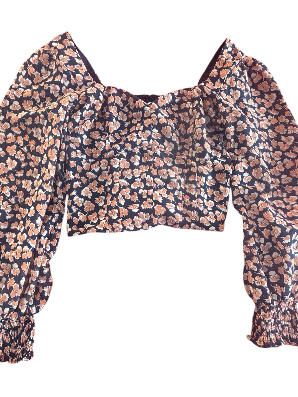 Abercrombie & Fitch Navy Floral Puff-Sleeve Crop Top